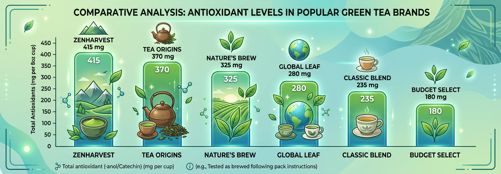 Un cuadro comparativo que muestra los niveles de antioxidantes en diferentes marcas de té verde, bas...
