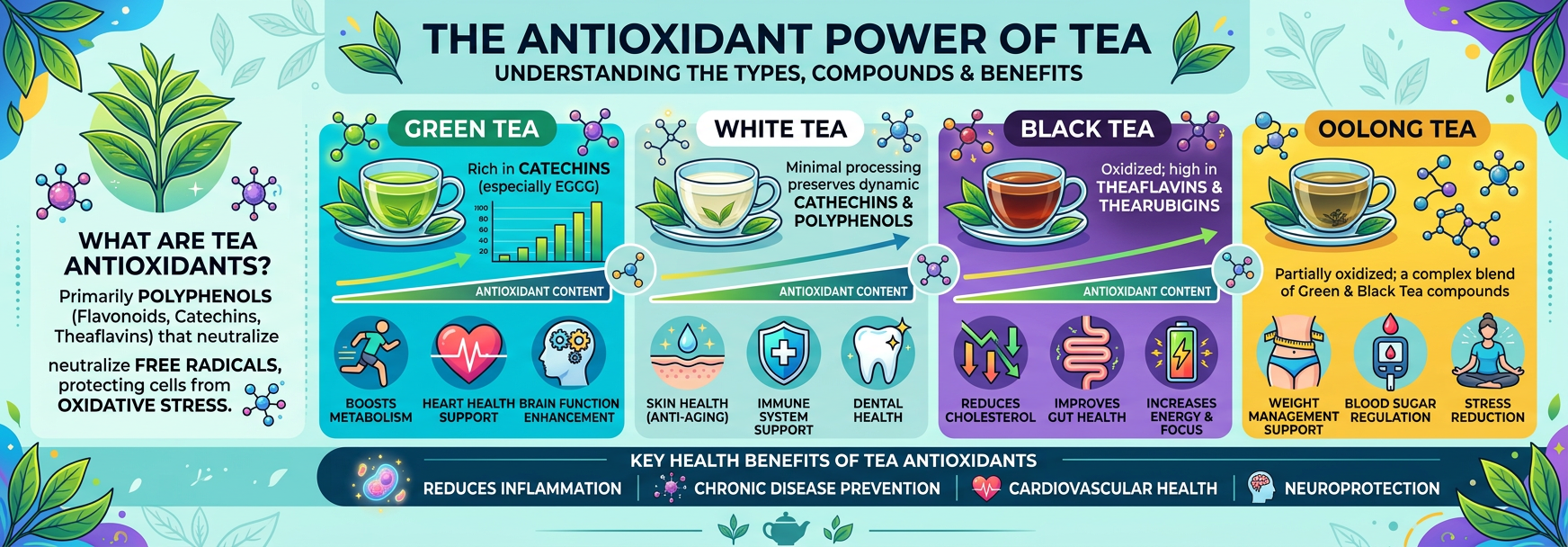 Una infografía detallada que ilustra las propiedades antioxidantes de diferentes tipos de té y sus b...