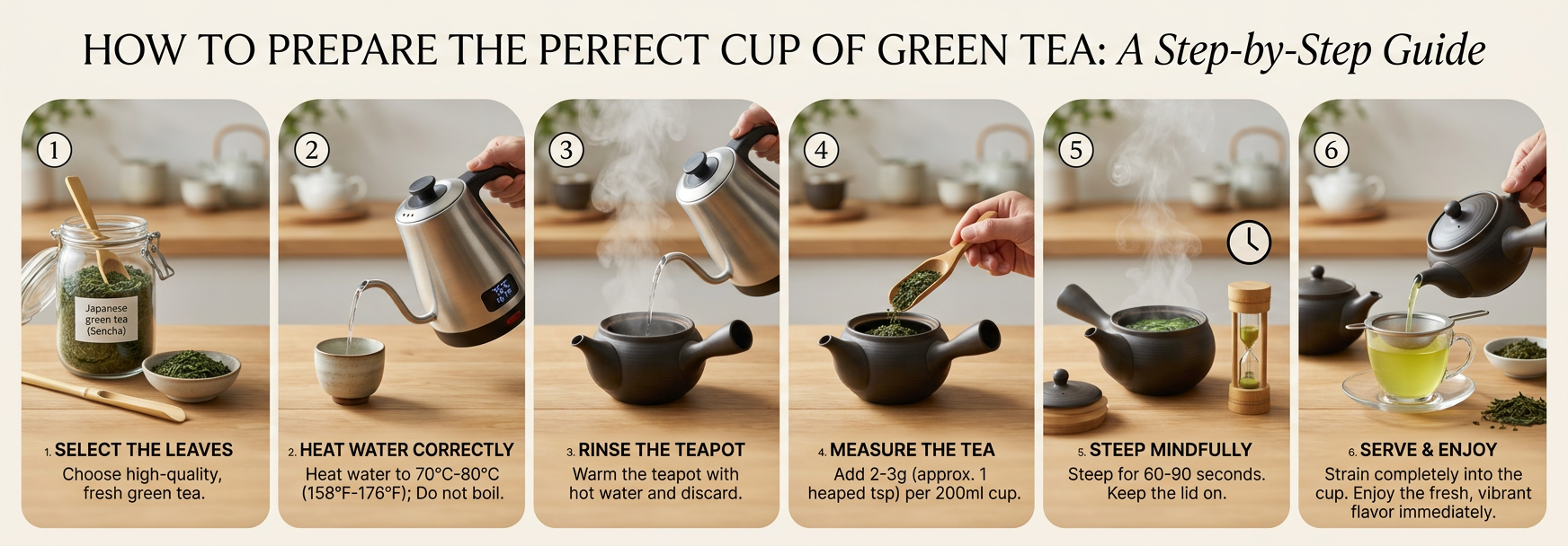 Una guía visual paso a paso sobre cómo preparar la taza perfecta de té verde para obtener los máximo...