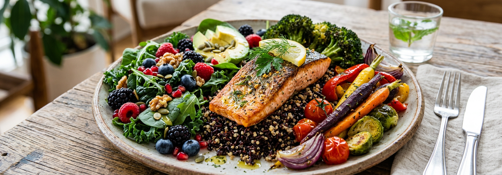 Un plato visualmente atractivo que muestra una comida equilibrada rica en antioxidantes, que incluye...