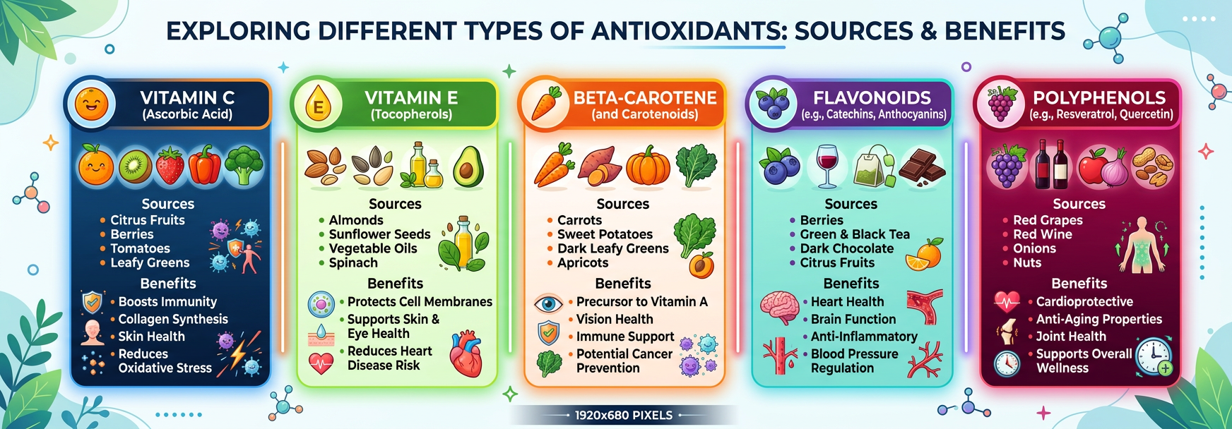 Un gráfico visualmente atractivo que compara diferentes tipos de antioxidantes, sus fuentes y sus be...