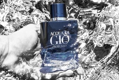 Close up of Acqua Di Giò Profondo Parfum bottle showing the Giorgio Armani logo