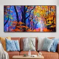 Dreaming Of Autumn Forest On Canvas, Fantasy Yellow Tree Mural, Colorful Tree Wall Art Original Botanical Texture Painting Living Room Decor