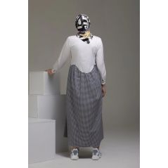 Gray Striped Garnished Modest Dress White & Black