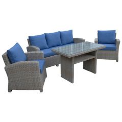 Seychelle 4-Piece Wicker Patio Conversation Set - NaturalDenim Blue Cushions