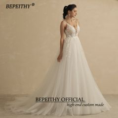 BEPEITHY Deep V Neck Spaghetti Straps A Line Lace Wedding Dresses