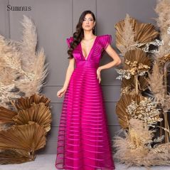 Sumnus Fuchsia Elegant Evening Dresses Saudi Arabia V Neck