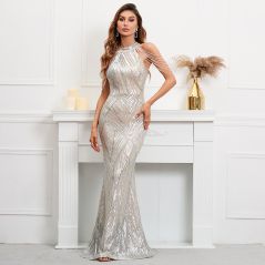 YIDINGZS Elegant Off Shoulder Silver Sequin Evening Dress