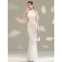 YIDINGZS Elegant Off Shoulder Silver Sequin Evening Dress
