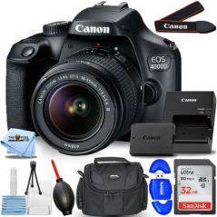 Canon EOS 4000D Rebel T100 with EF-S 18-55mm III Lens - 7PC Accessory Bundle Includes Sandisk Ultra 32GB SD, Memory Card Reader, Gadget Bag, Blower. Microfiber Cloth and Cleaning Kit