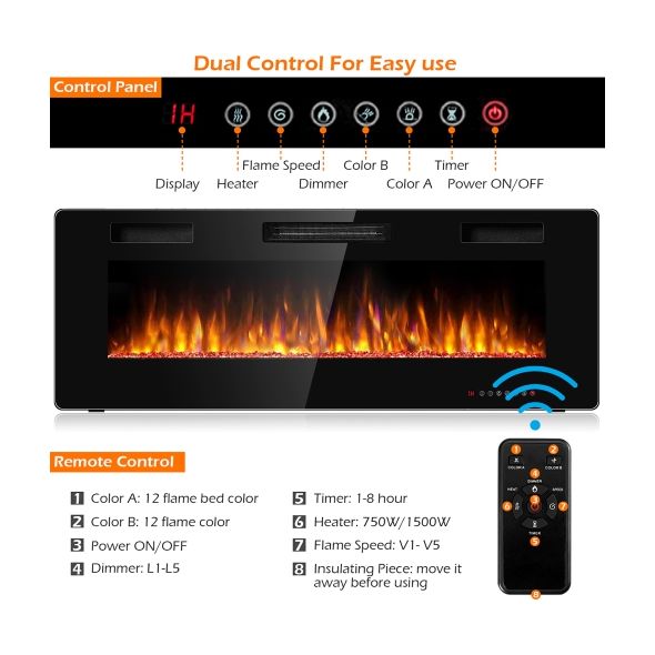 Costway 50'' Electric Fireplace Recessed Ultra Thin Wall Mounted Heater Multicolor Flame