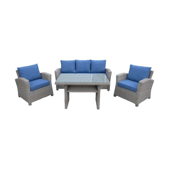 Seychelle 4-Piece Wicker Patio Conversation Set - NaturalDenim Blue Cushions