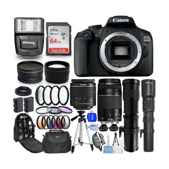 Canon EOS 2000D/Rebel T7 + 18-55mm + 75-300mm + 500mm + 420-800mm Lenses - Bundle Includes: Extra Battery, Sandisk Ultra 64GB SD, Flash, Tripod, Telephoto and Wide Angle Lenses and Much More